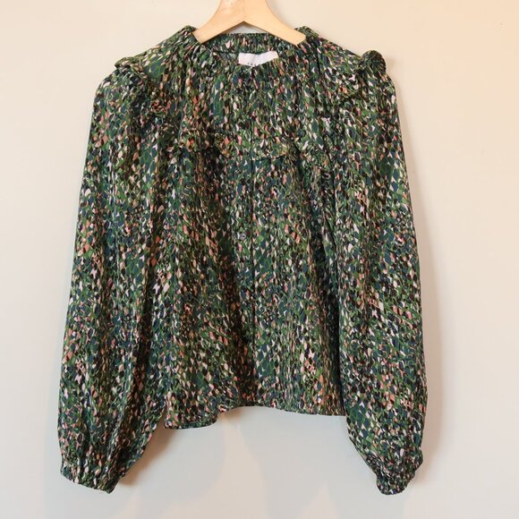 THE SHIRT ROCHELLE BEHRENS button down blouse green multi ruffle M cottagecore - Picture 1 of 10
